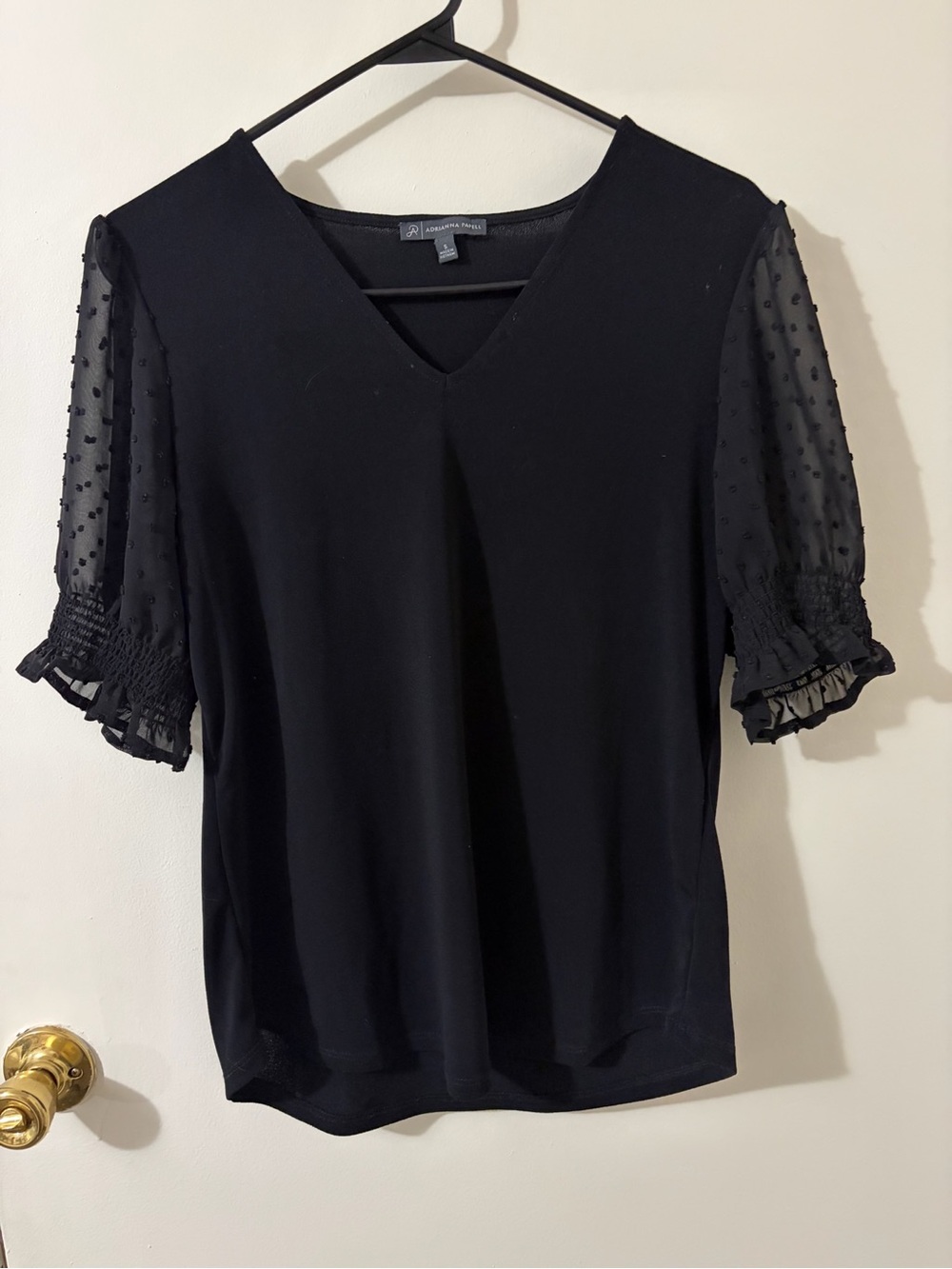 Adrianna Papell Black V-Neck Top with Sheer Dot Sleeves